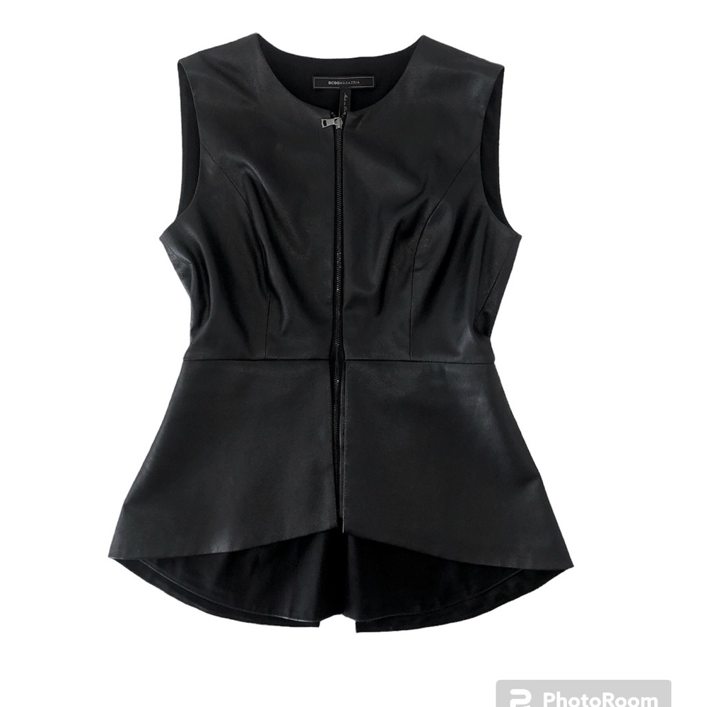 BCBG MaxAzria Black Faux Leather Sleeveless Zip Front Peplum Top Size XXS